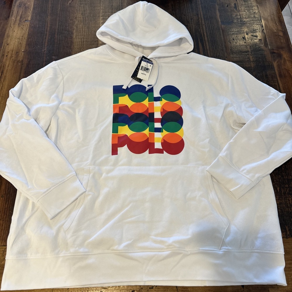 Polo Ralph Lauren Men Rainbow Colorful Logo Graphic Hoodie White Big &Tall 4XB